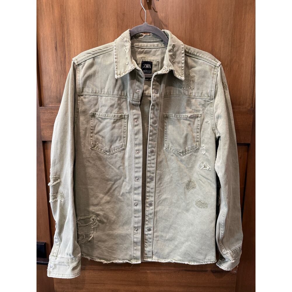 Zara x DNWR Men's Denim Snap Jacket Olive Green Size Medium Distressed‎